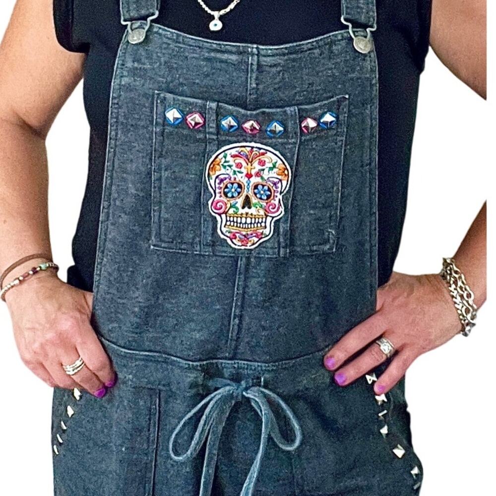Women's Overalls signature style one of one grey cropped hem skull